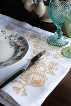 white linen placemats and napkins yellow floral printed