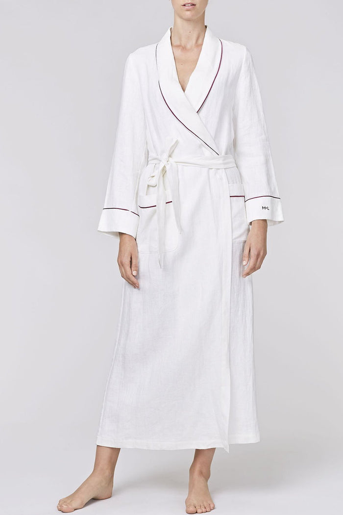 long-length linen white robe trimmed with black satin