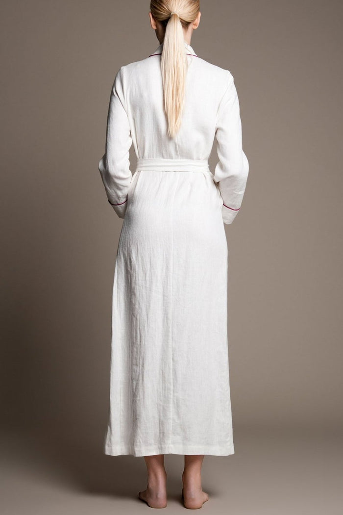 long-length linen white robe trimmed with black satin