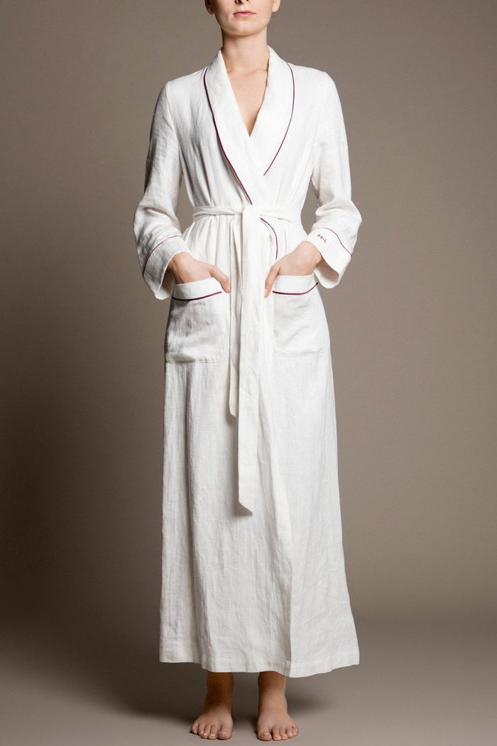 long-length linen white robe trimmed with black satin