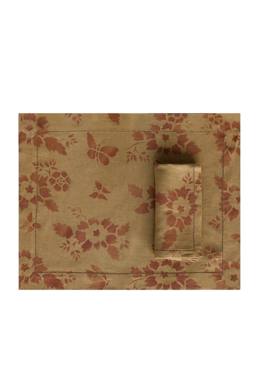 SET OF TWO HAND PAINTED AJOUR LINEN PLACEMATS & NAPKINS