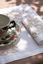 SET OF TWO BLOCK PRINTED AJOUR LINEN PLACEMATS & NAPKINS