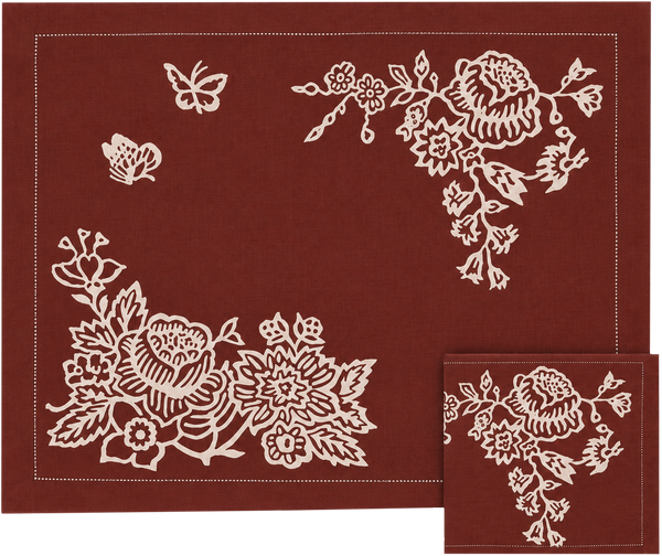 SET OF TWO BLOCK PRINTED AJOUR LINEN PLACEMATS & NAPKINS TERRA