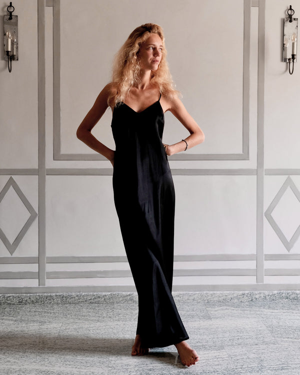 NYX MAXI CAMI SILK SLIP DRESS BLACK INK