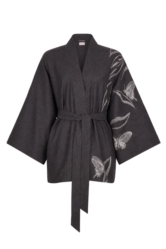 BELLA WOOL FLANNEL EMBROIDERY KIMONO SMOKE