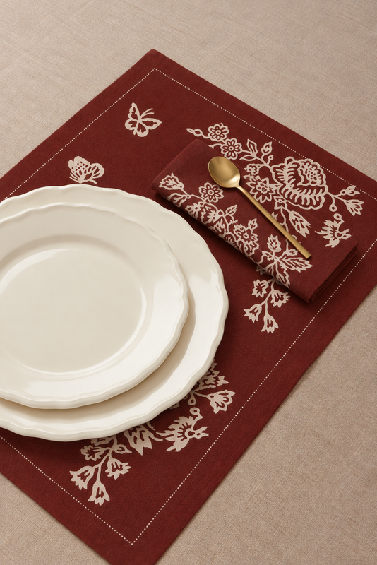 SET OF TWO BLOCK PRINTED AJOUR LINEN PLACEMATS & NAPKINS TERRA
