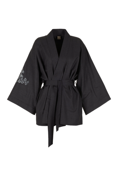 BELLA WOOL FLANNEL BLOCK PRINT KIMONO SMOKE