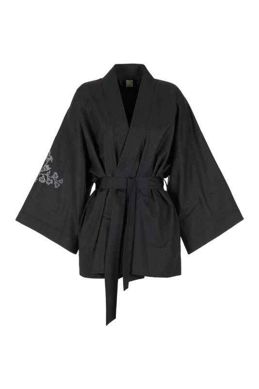 BELLA WOOL FLANNEL BLOCK PRINT KIMONO SMOKE PRE-ORDER