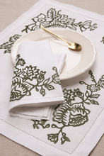 SET OF TWO BLOCK PRINTED AJOUR LINEN PLACEMATS & NAPKINS KHAKI