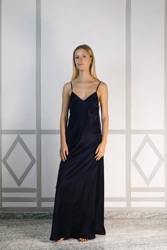 NYX MAXI CAMI SILK SLIP DRESS MIDNIGHT BLUE