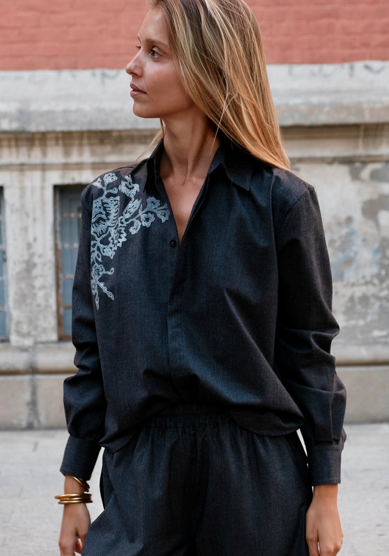 EMMA WOOL FLANNEL BLOCK PRINT SHIRT SLATE
