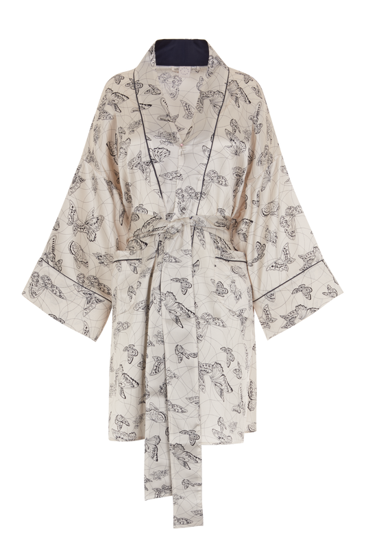VIOLET DANCING BUTTERFLIES SILK KIMONO IVORY