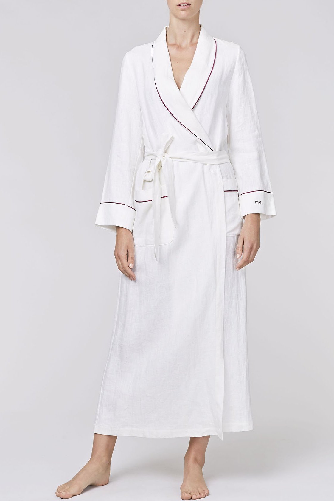 long-length linen white robe trimmed with black satin