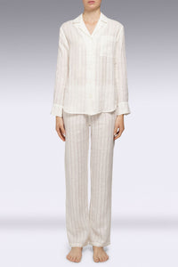 long-sleeved linen white pyjama set with transparent stripes