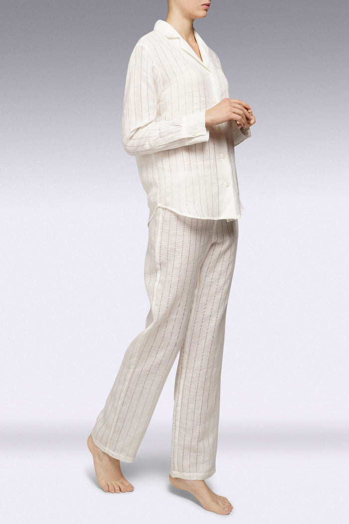 long-sleeved linen white pyjama set with transparent stripes