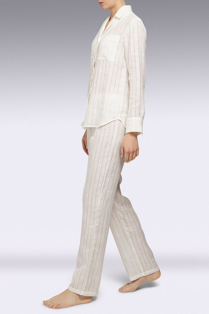 long-sleeved linen white pyjama set with transparent stripes